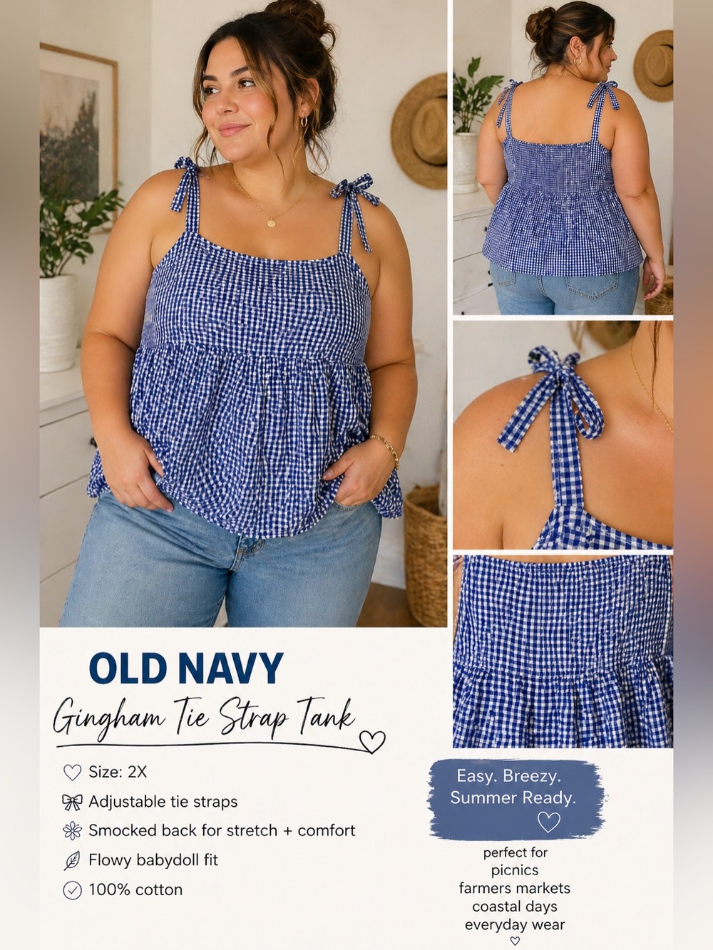 Old Navy Blue Gingham Tie Strap Babydoll Tank Top 2X Cottagecore Summer